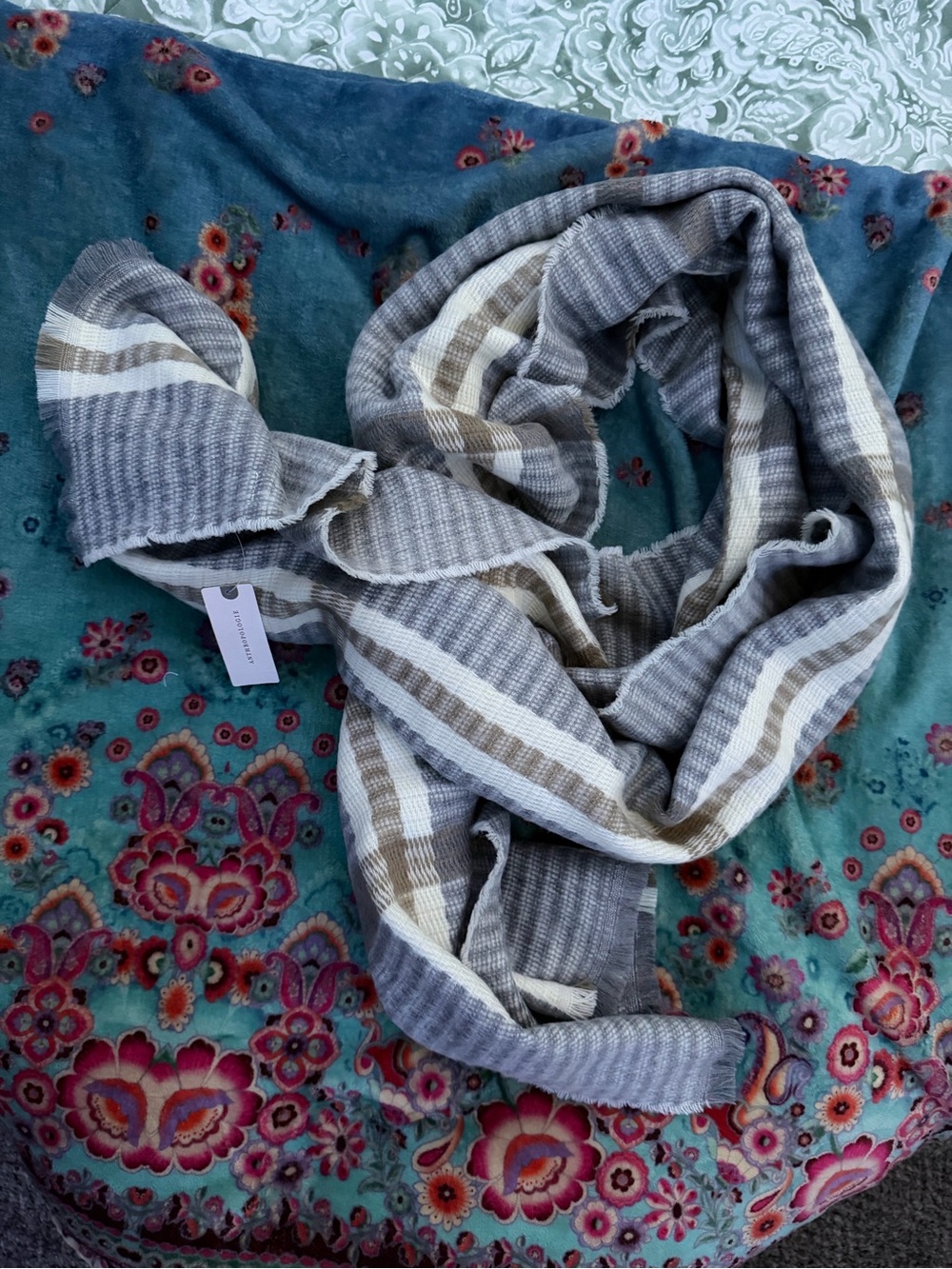 Anthropologie Striped Fringe Scarf - Gray, Cream & Taupe - Picture 4 of 4